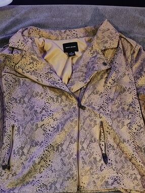 DKNY Snake-Print Faux Leather Biker Jacket in Beige